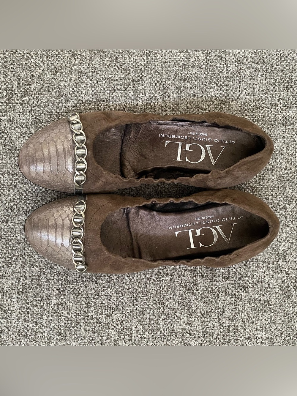 AGL Attilio Giusti Leombruni Chain Accent Ballet Flats Suede Snake Print Sz 37.5